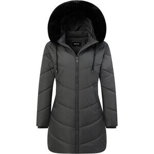 Women's Winter Warm Hood Down Coat Puffer Jacket Gray Windproof Detachable